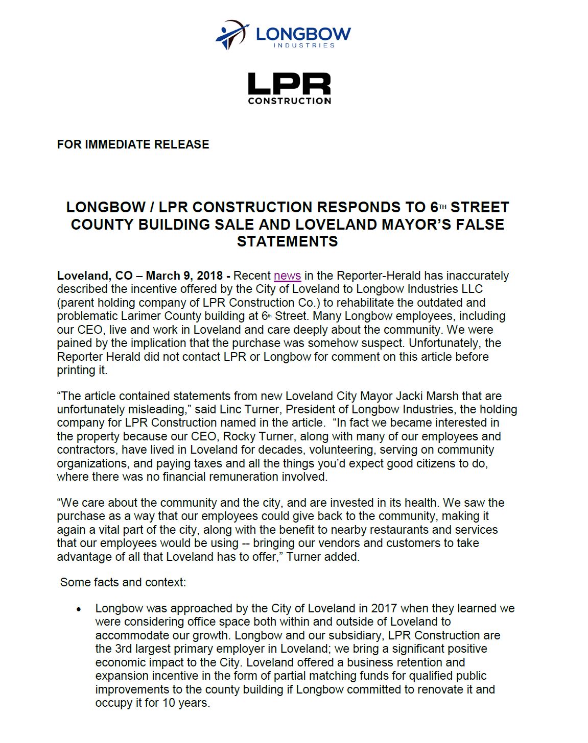 Press Release 3/9/2018 LPR Construction