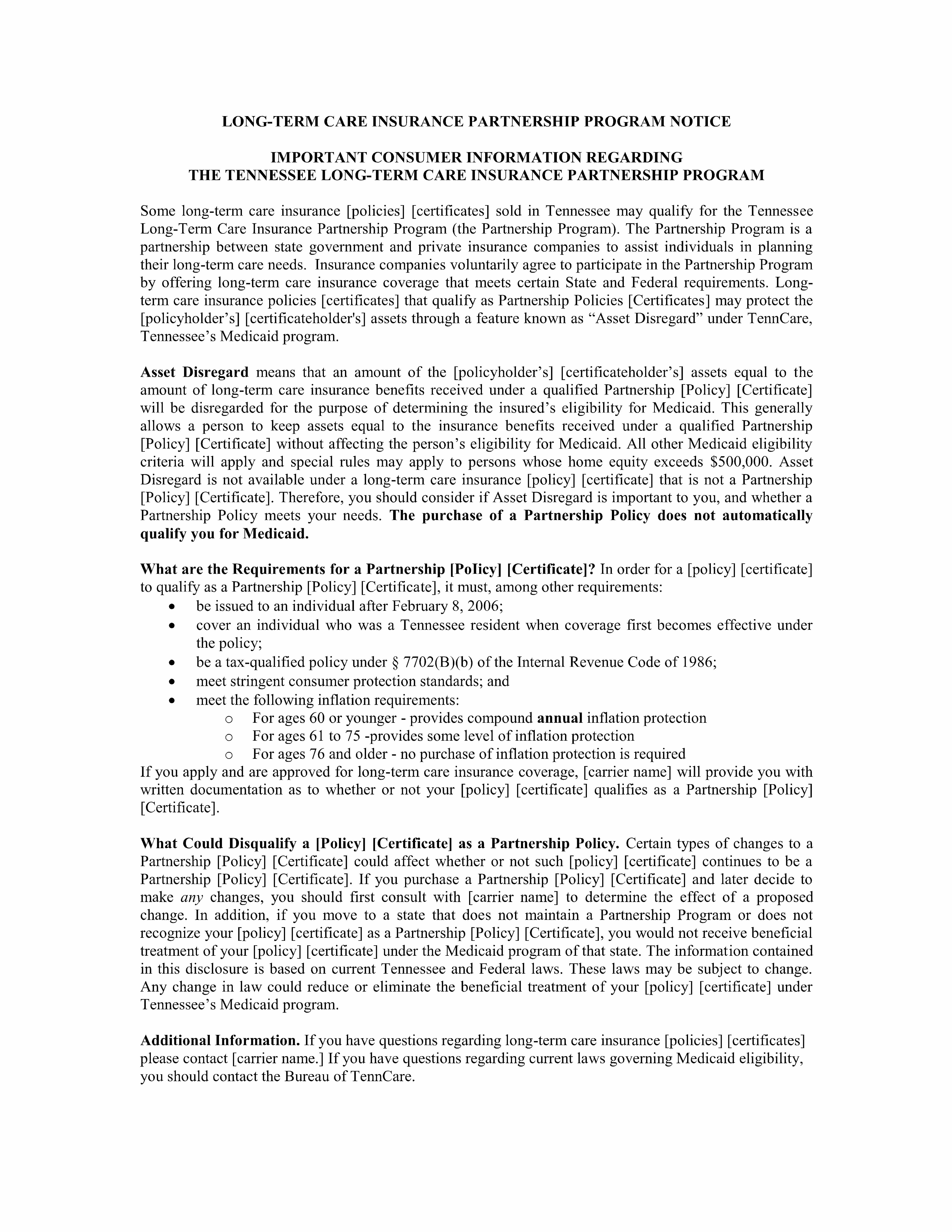 LongTerm Care Partnership Program TN LongTerm Care Insurance A