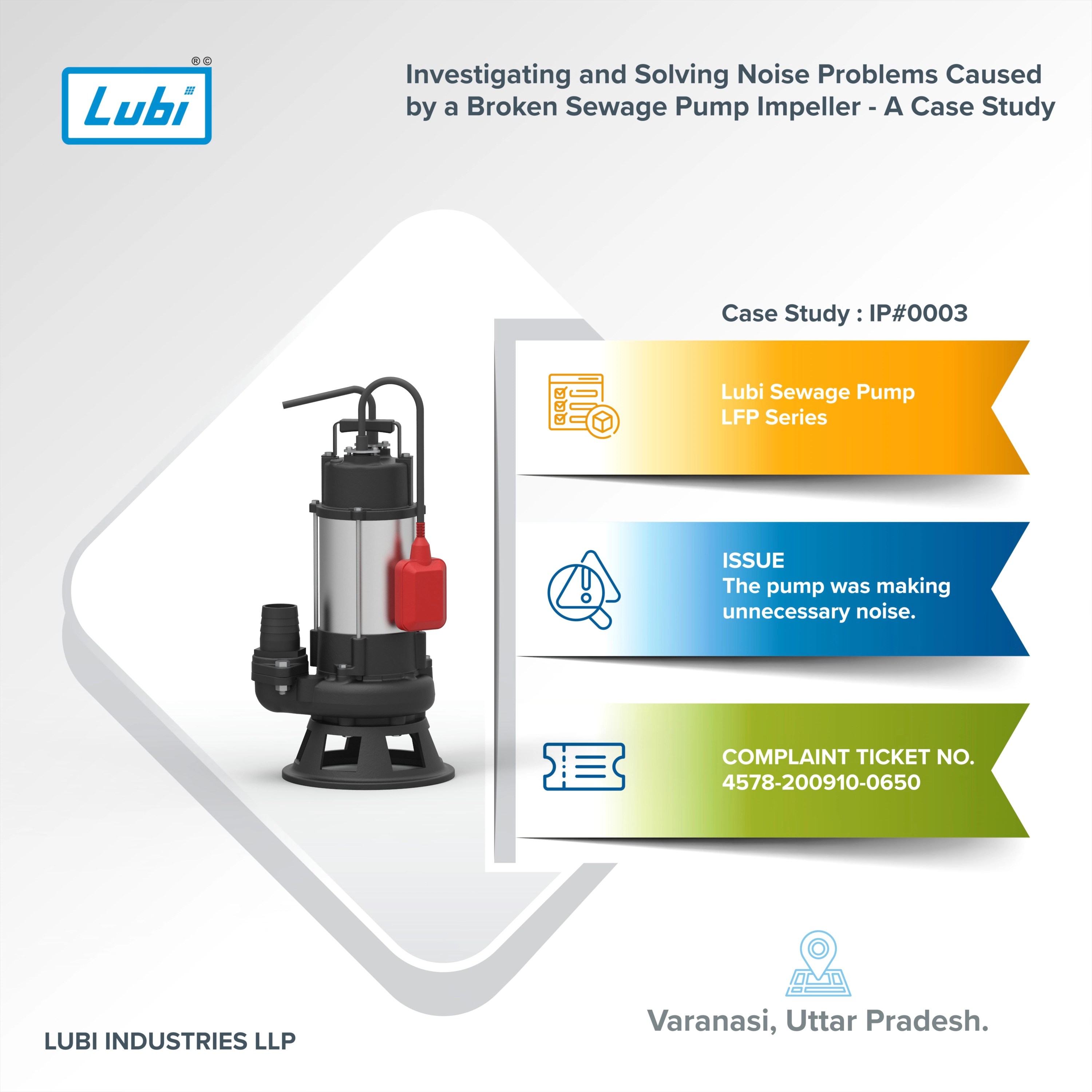 Troubleshooting of noise in a sewage pump caused by a damaged impeller