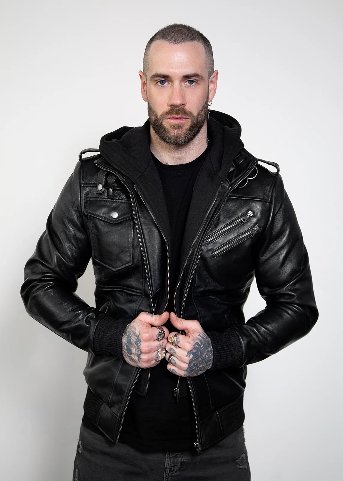 Buy Mens Onyx Black Hooded Leather Jacket Luca Designs