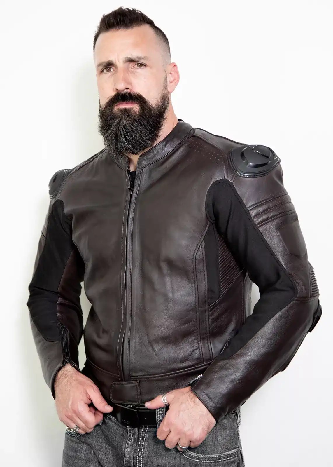 Mens Brown Leather Motorcycle Jacket with Armor Luca Designs