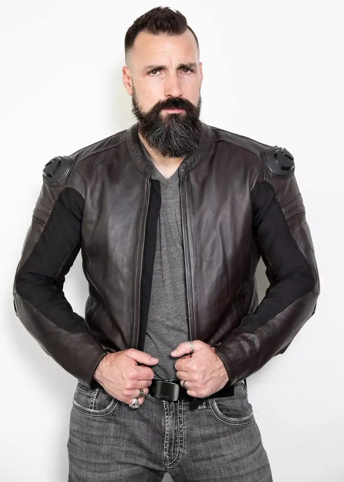 Mens Brown Leather Motorcycle Jacket with Armor Luca Designs