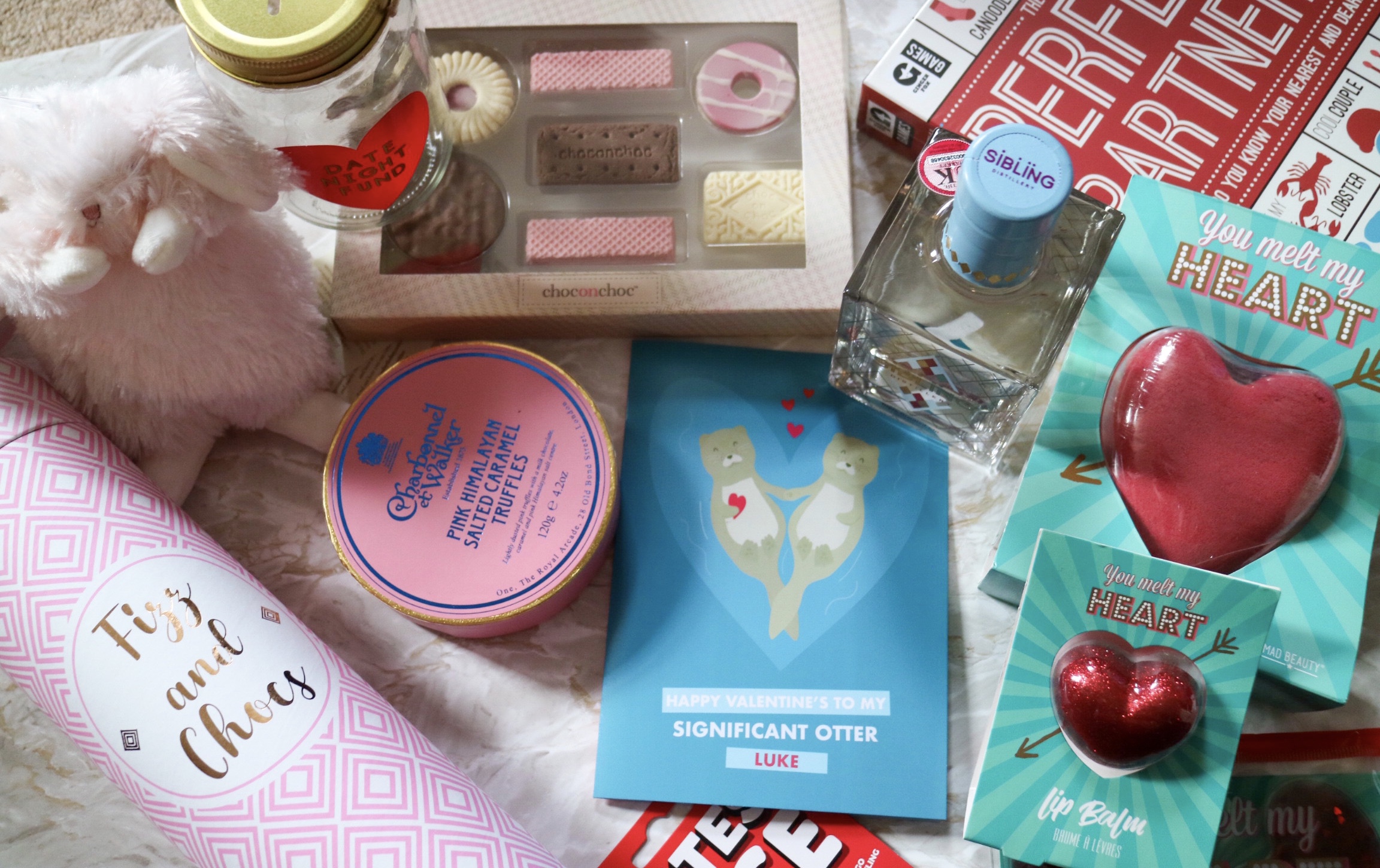 valentines gifts in a flat lay