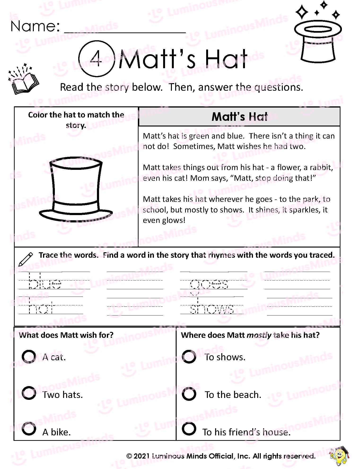 Reading Comprehension Worksheets Matt’s Hat