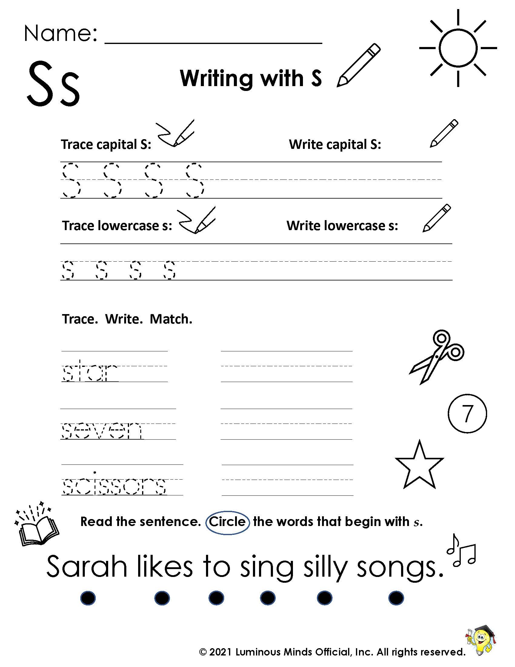 Reading Comprehension Worksheets Writing with S