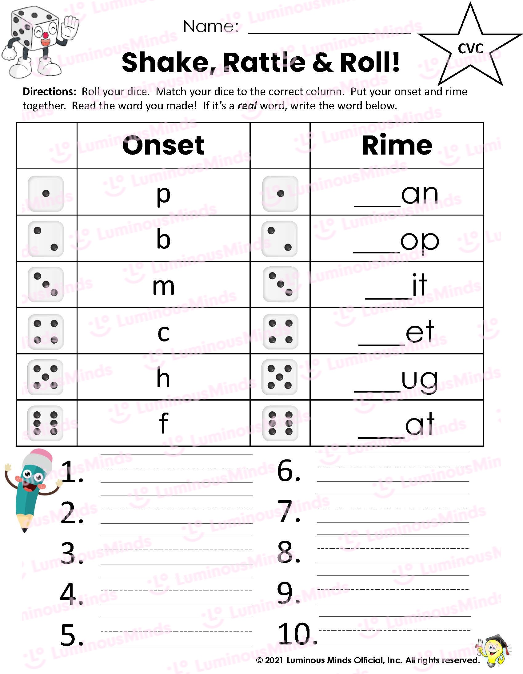 Reading Comprehension Worksheets Shake, Rattle & Roll_Onset & Rime