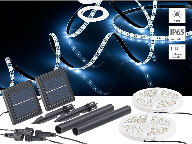 Lunartec 2erSet SolarLEDStreifen mit 180 tageslichtweißen LEDs, IP65