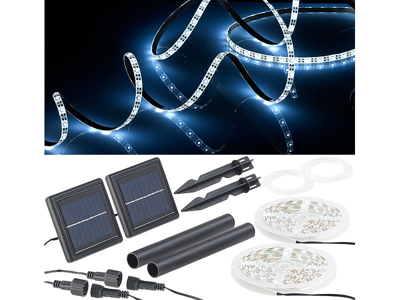 Lunartec 2erSet SolarLEDStreifen mit 180 tageslichtweißen LEDs, IP65