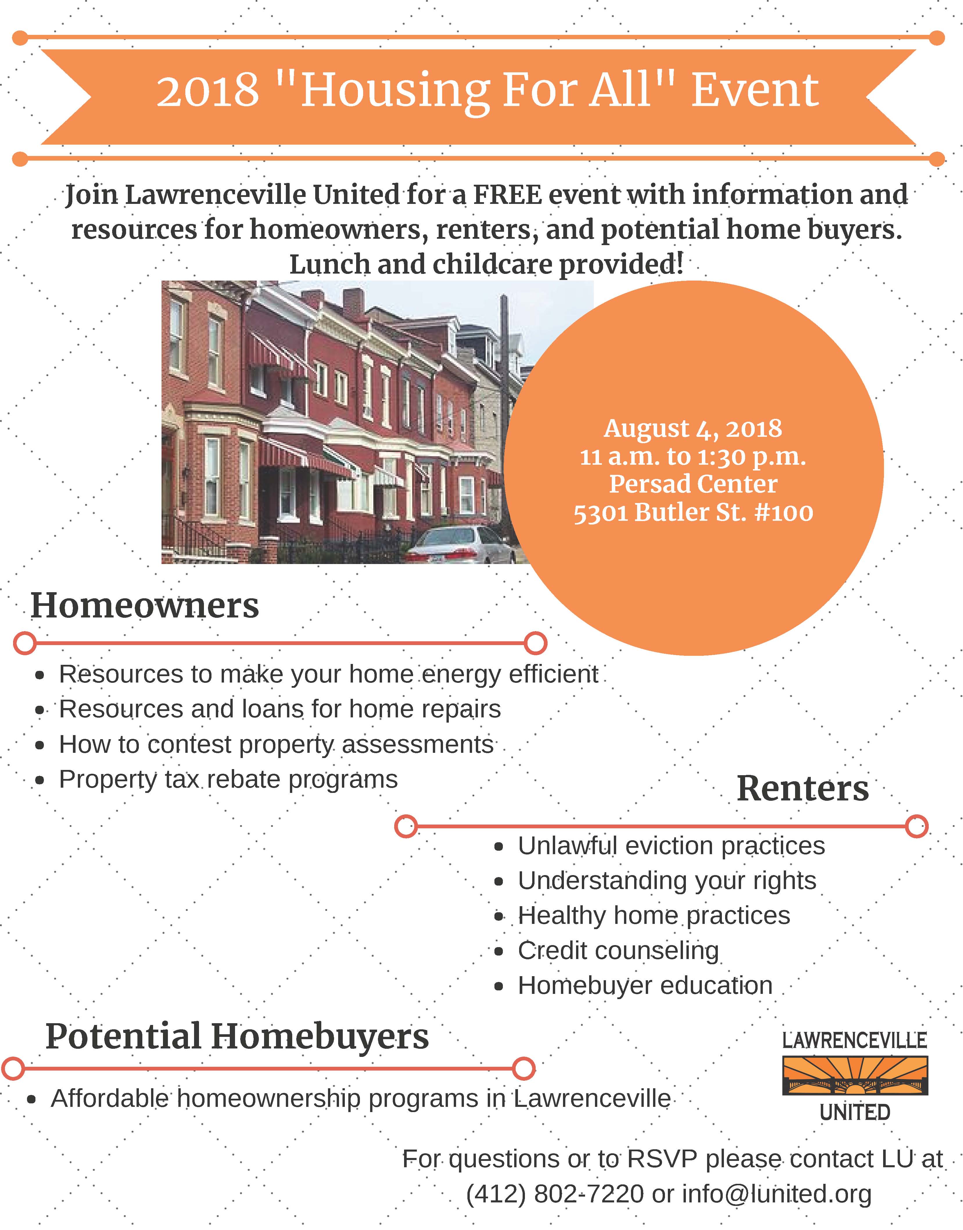 2018 Housing For All Event August 4th, 11 a.m. to 130 p.m