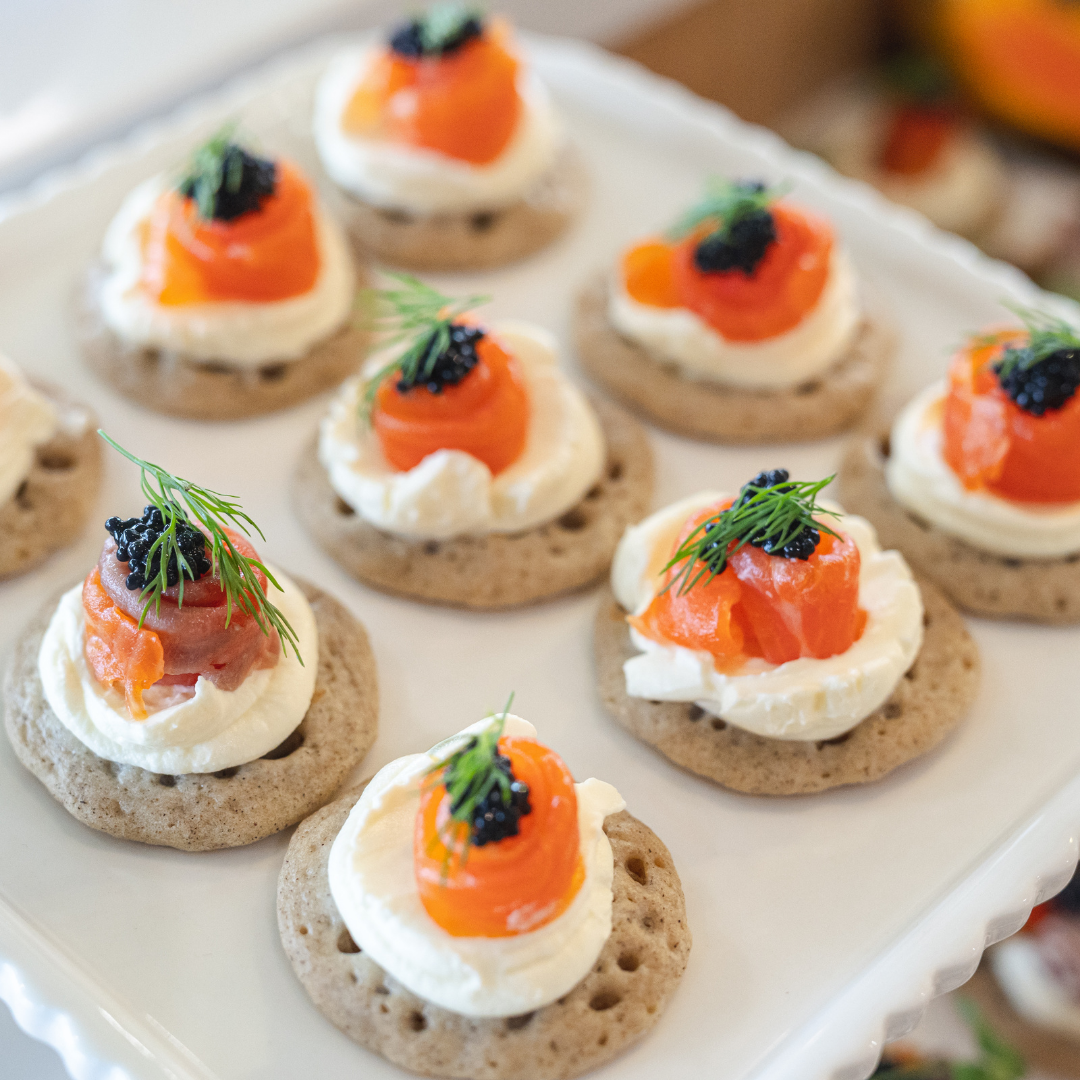 Buckwheat Blinis with Smoked Salmon, Caviar, Dill and Sour Cream (12pcs) Lush Platters