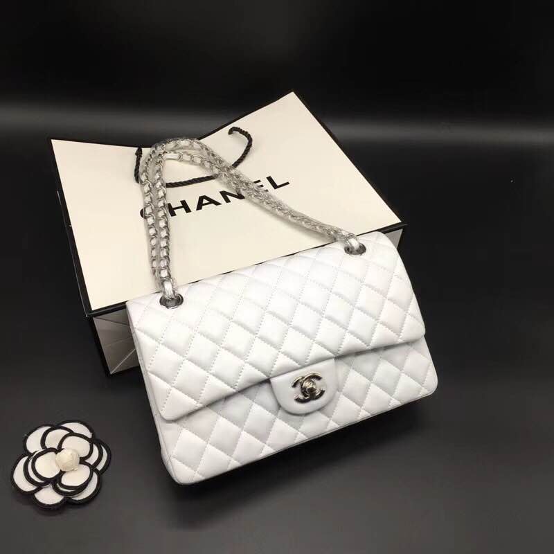 Chanel Small Classic Flap Bag in White Lambskin with silver hardware LuxTime DFO Handbags