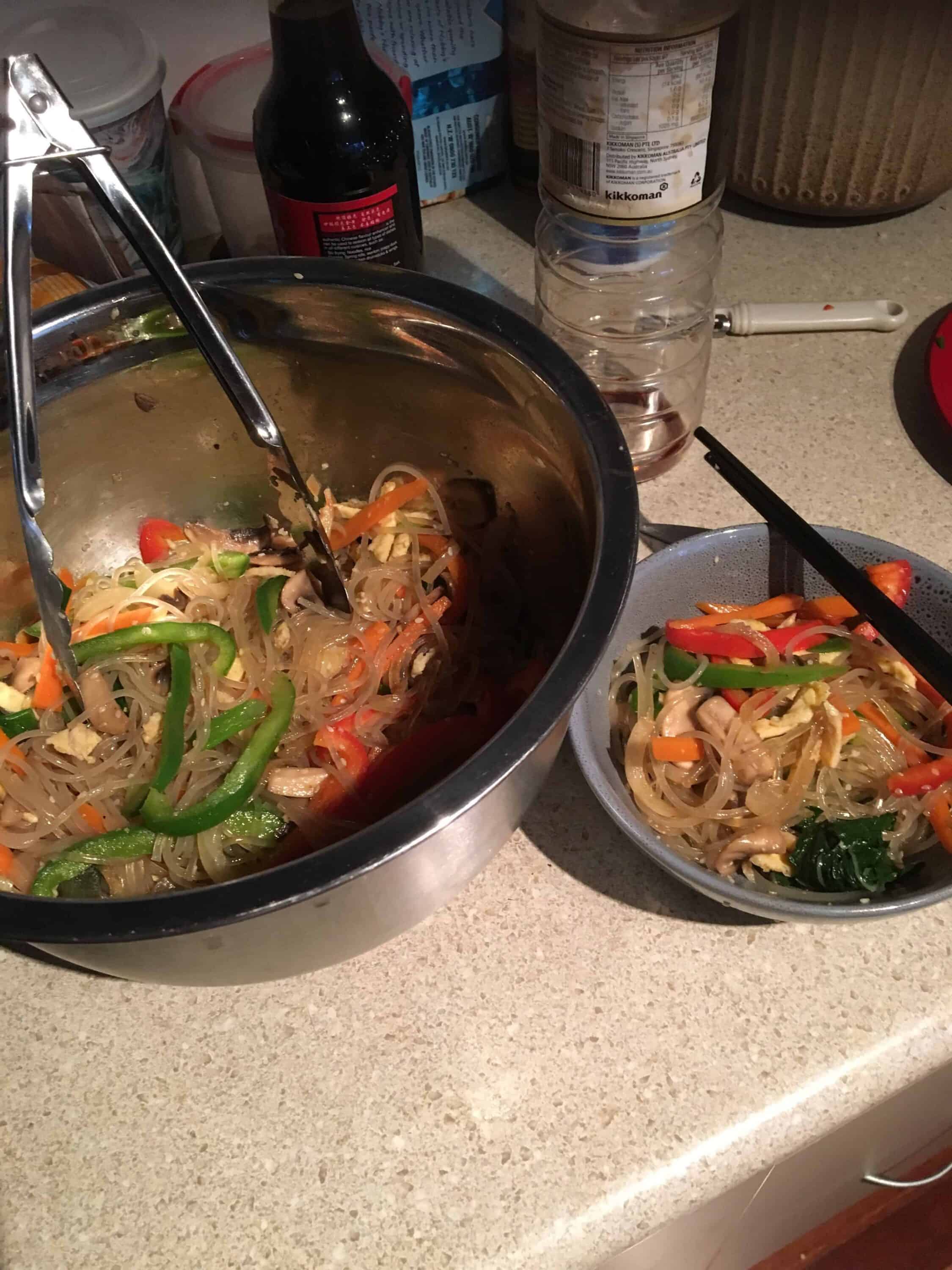 Japchae (Sweet potato starch noodles stir fried with vegetables) recipe