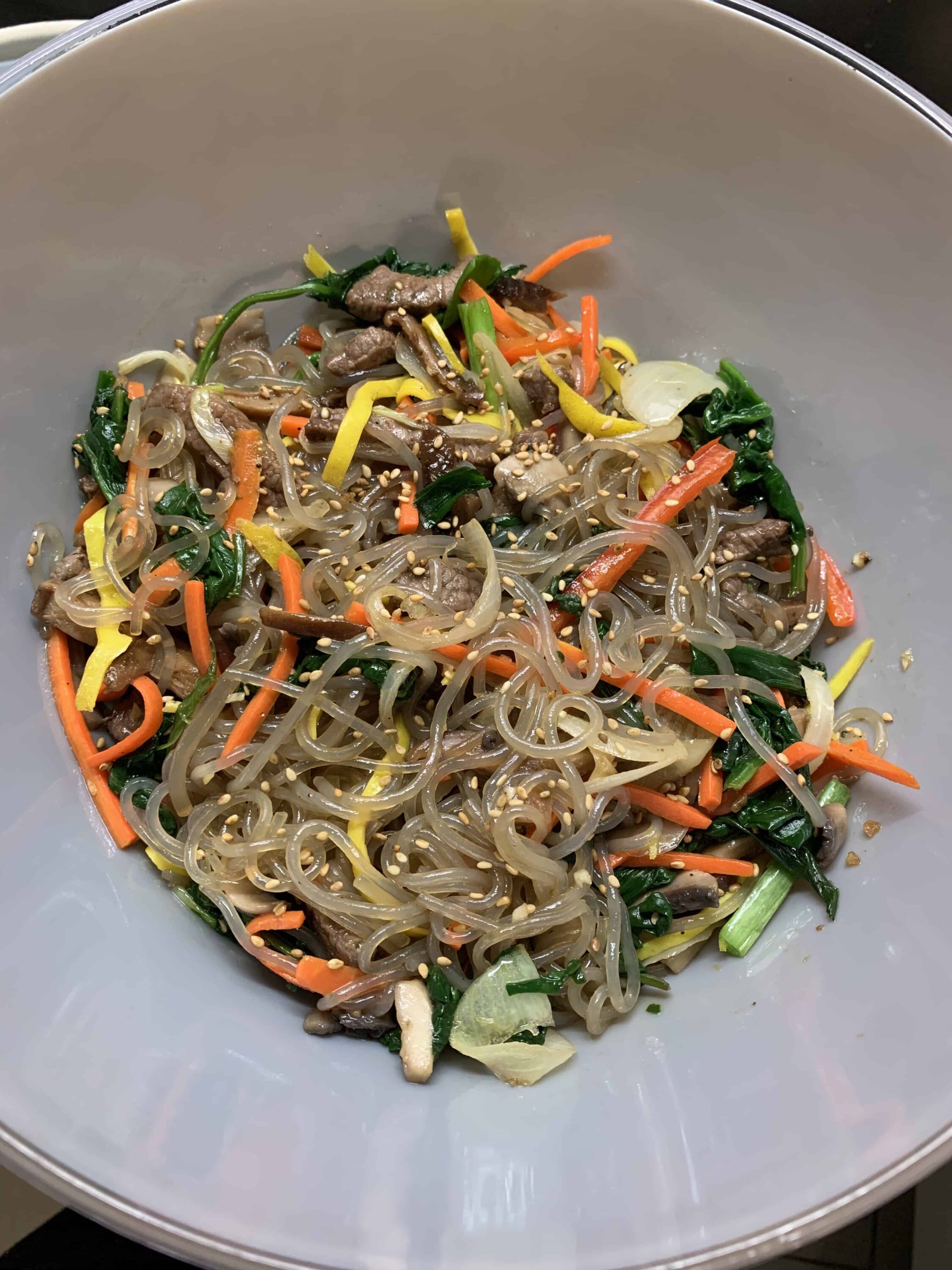 Japchae (Sweet potato starch noodles stir fried with vegetables) recipe