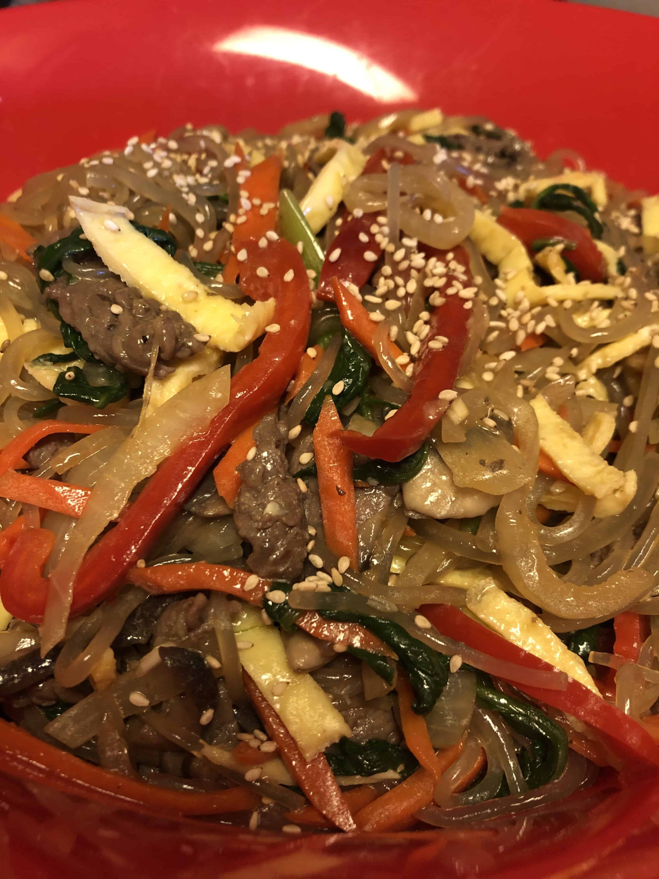 Japchae (Sweet potato starch noodles stir fried with vegetables) recipe