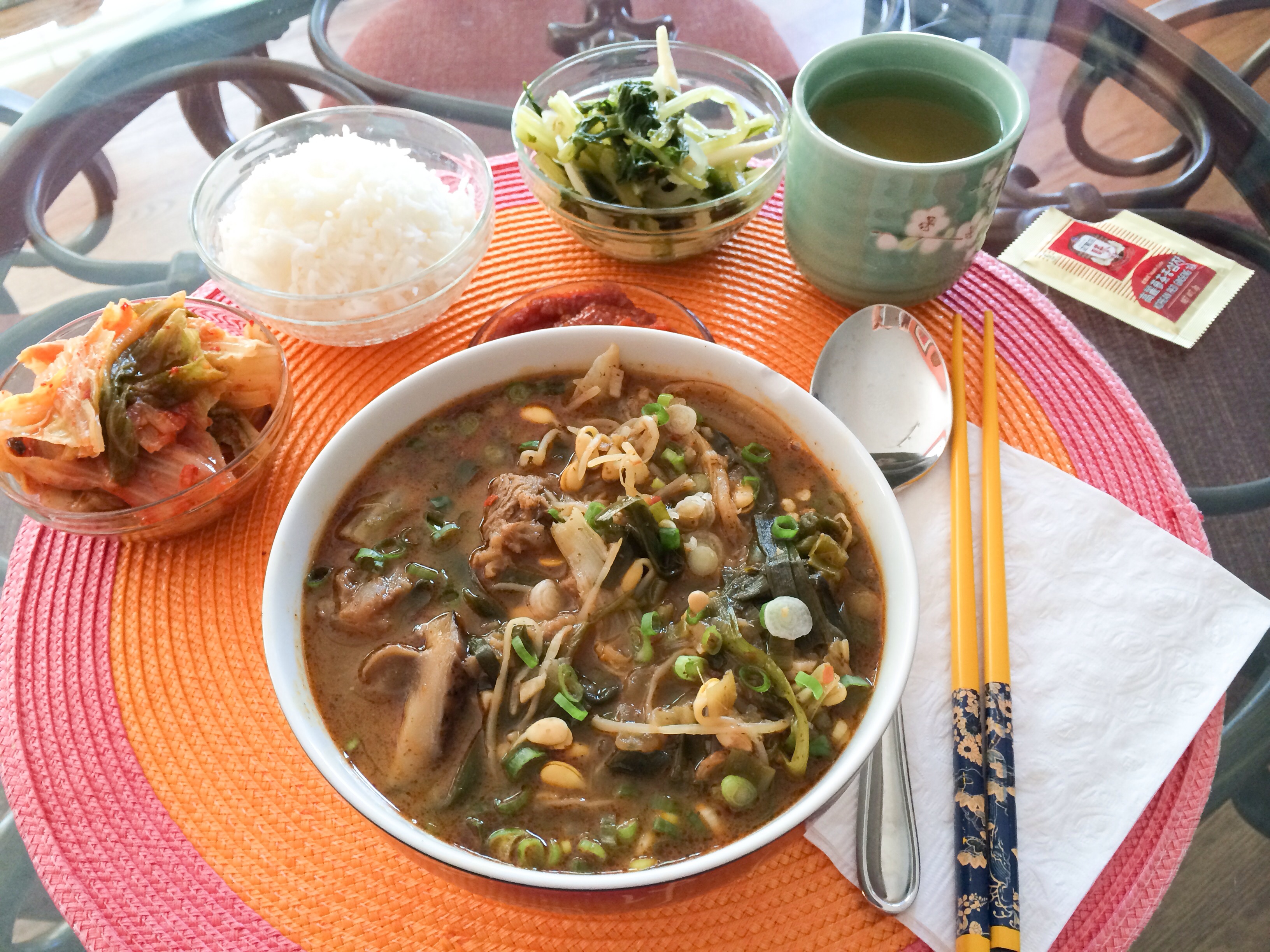Korean food photo Pork bones stew with potatoes and vegetables