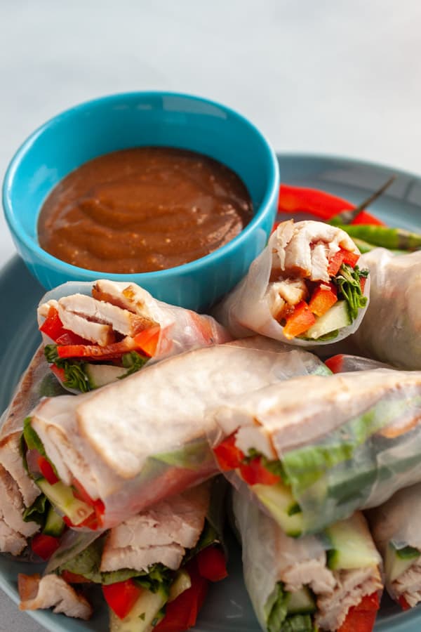 Pork Spring Rolls with Spicy Peanut Dipping Sauce Macheesmo