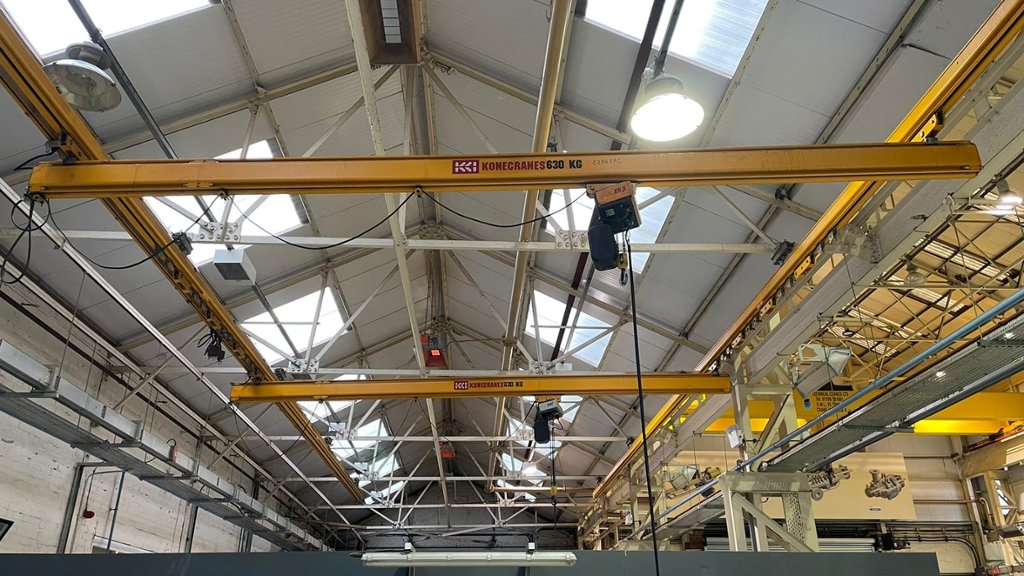 KONE CRANES 2 x 630kgs Overhead Hoists on roof supported track.Pendant