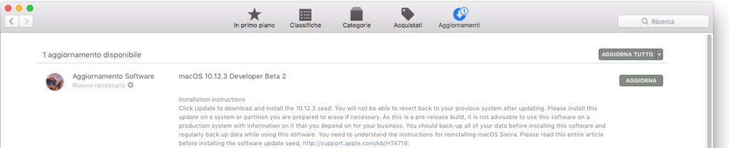 Agli sviluppatori la seconda beta di macOS Sierra 10.12.3