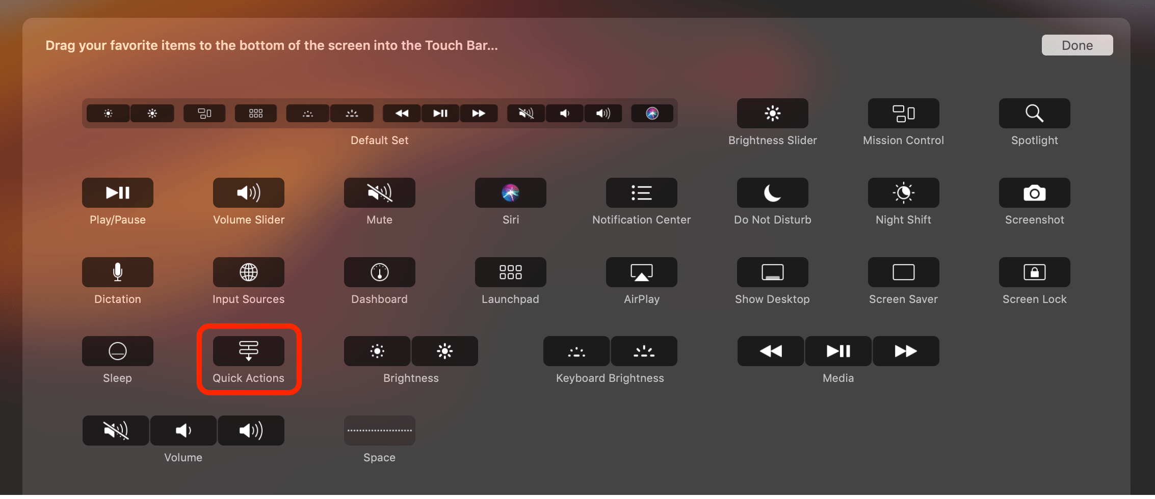 Automator Touch Bar Quick Actions Settings