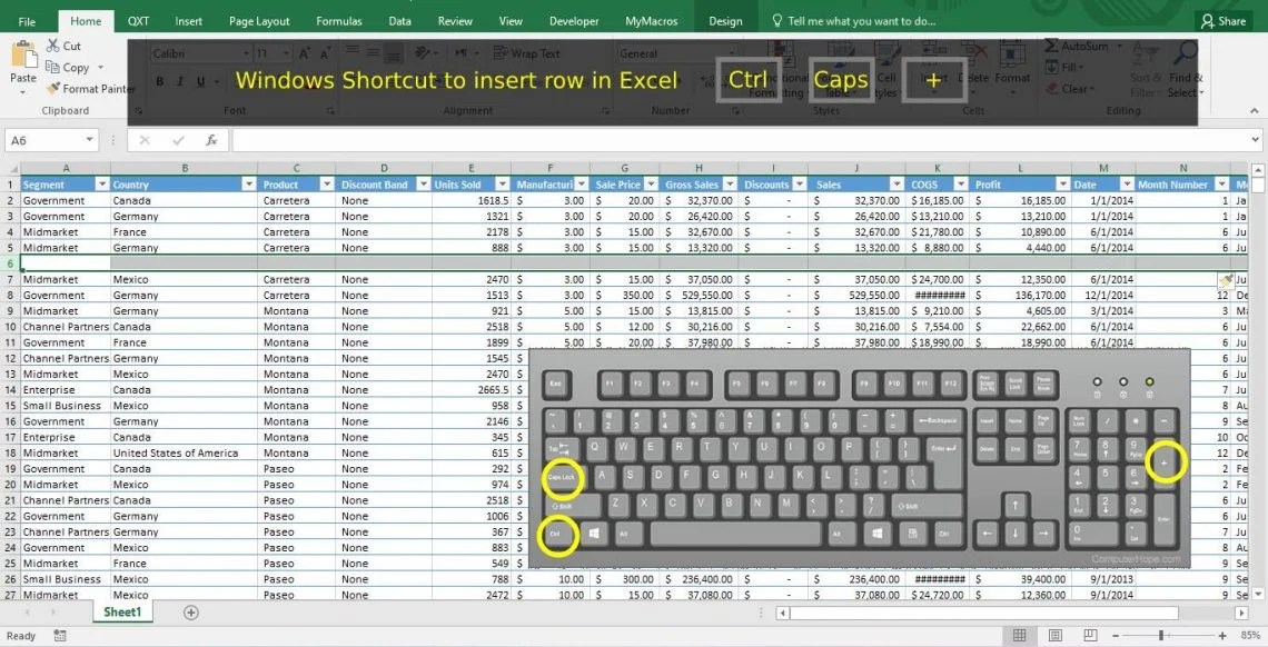How to insert a row in Excel with shortcuts?