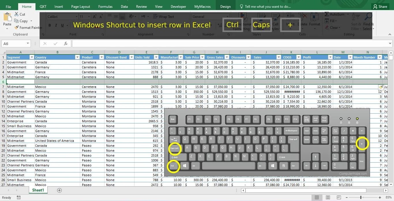 How to insert a row in Excel with shortcuts?