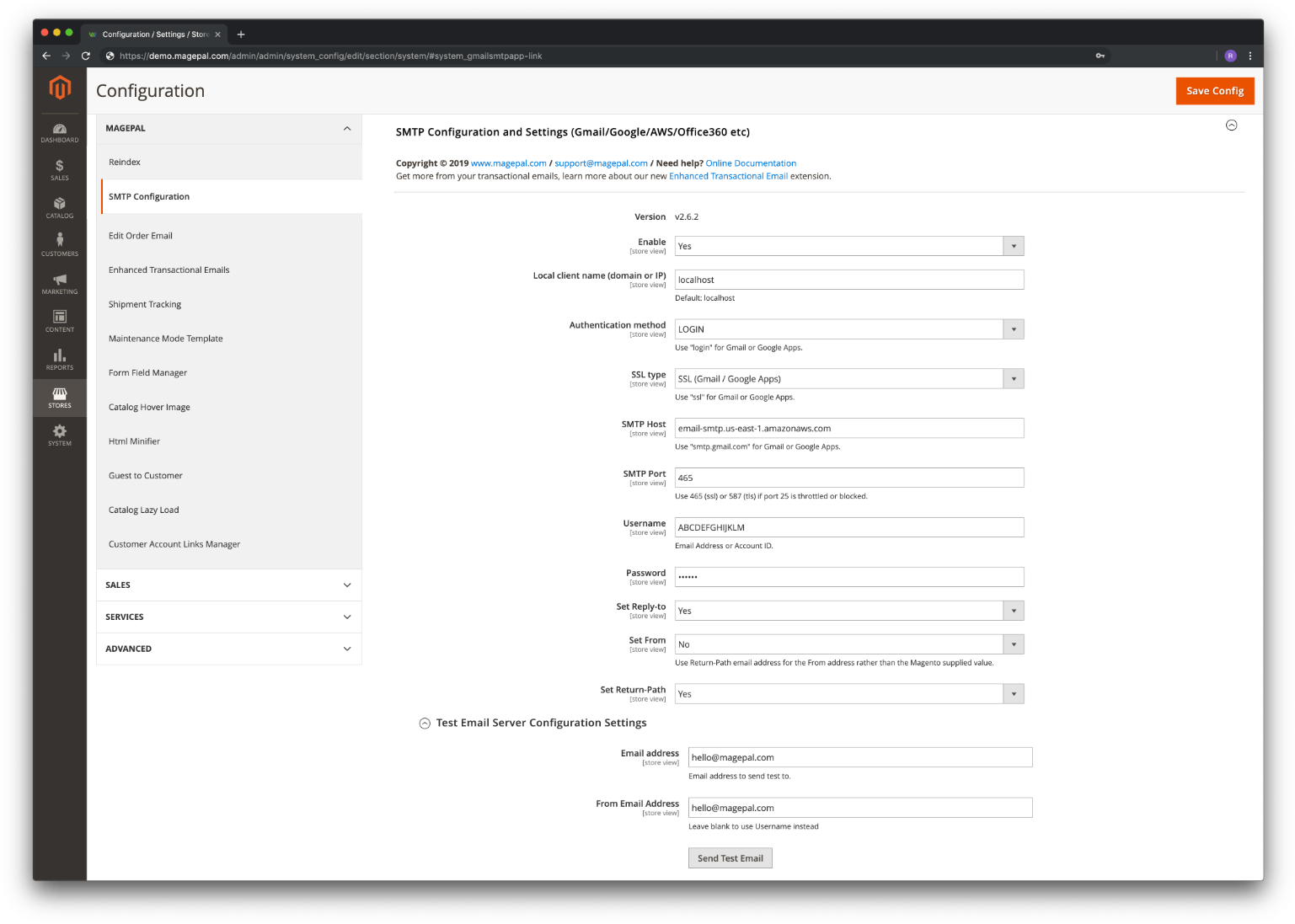 How to send SMTP email with Magento