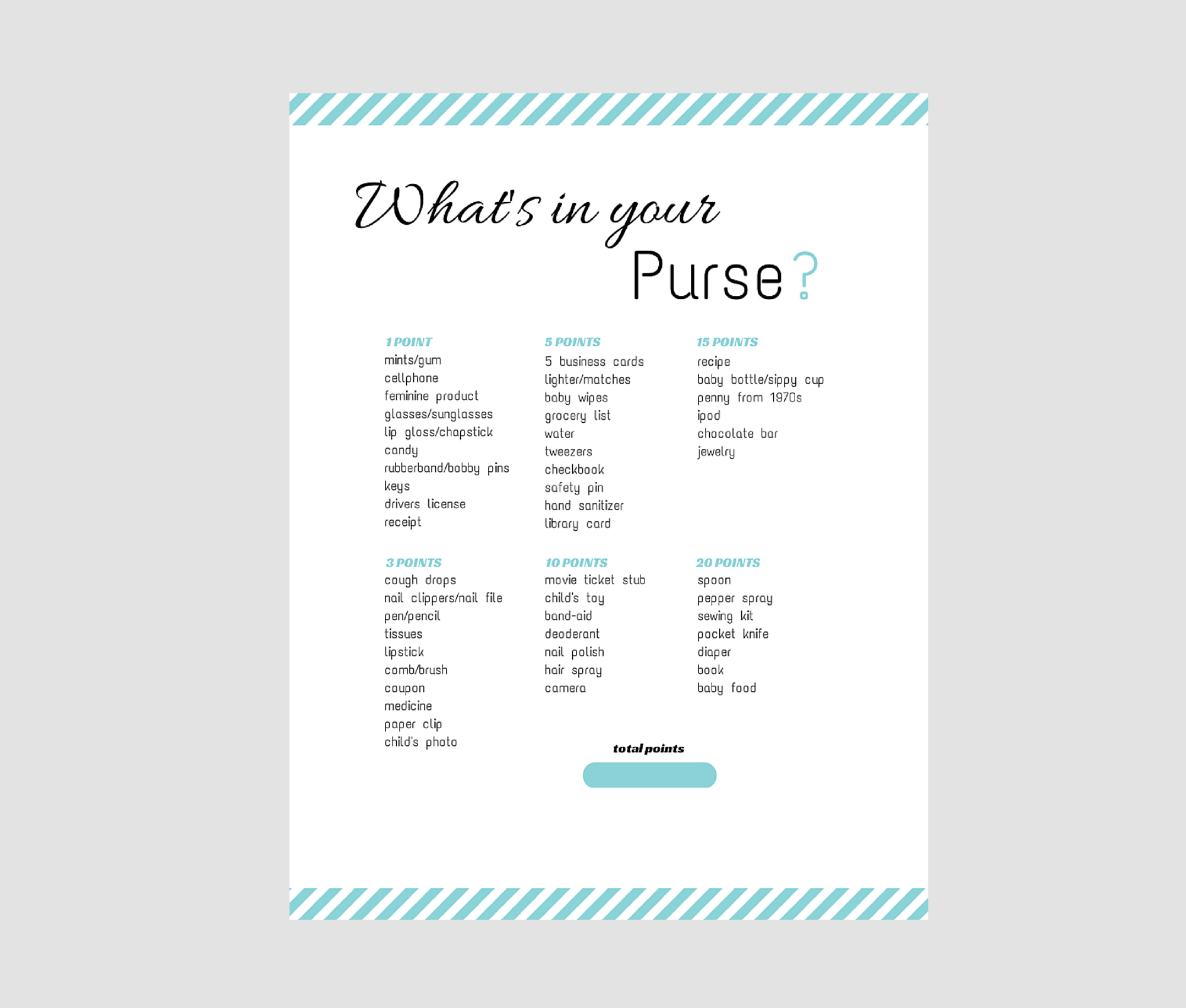 What's in your purse baby shower game 3 colors Magical Printable