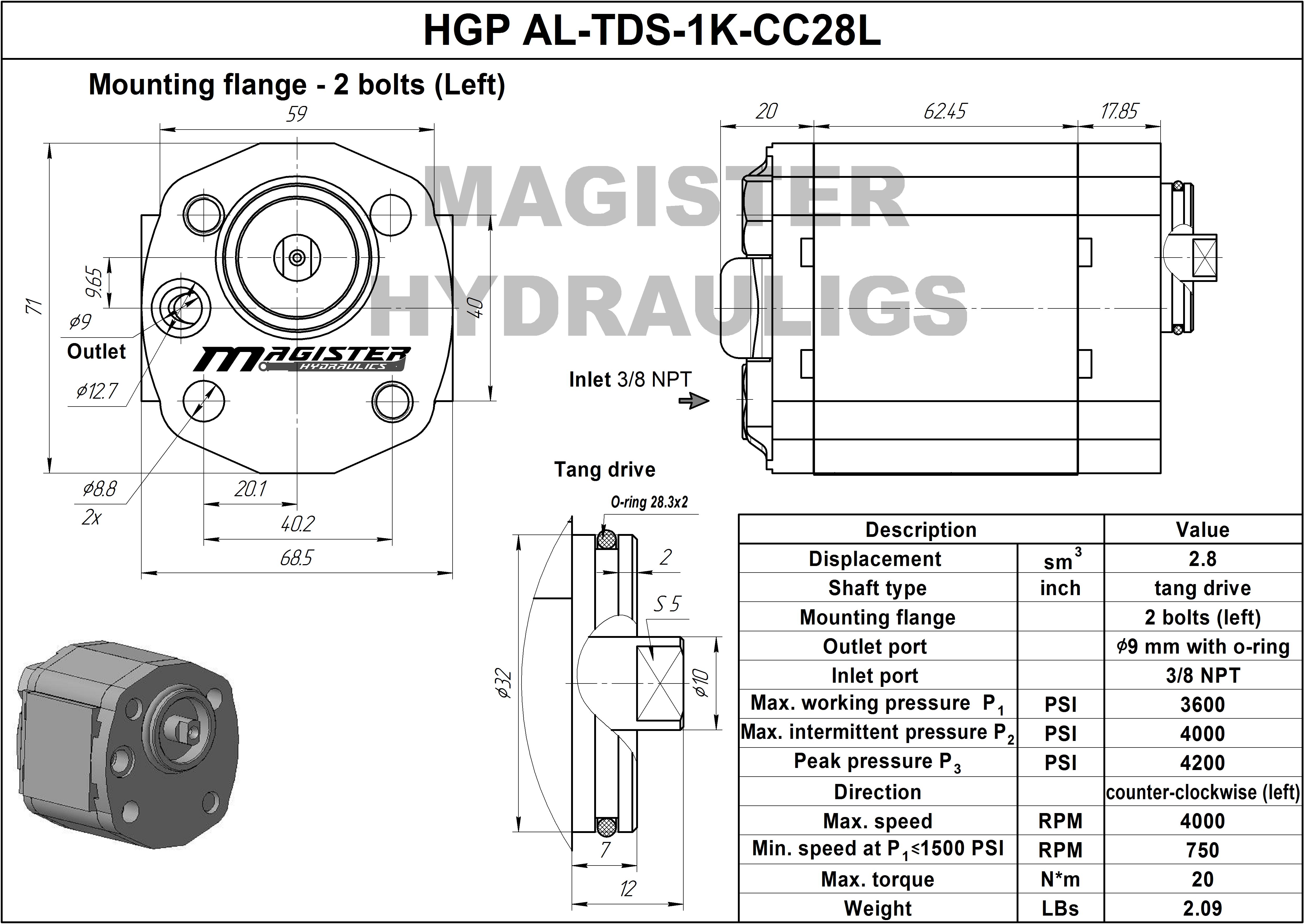 2.8 CC mini hydraulic power packs gear pump, flat tang shaft counter