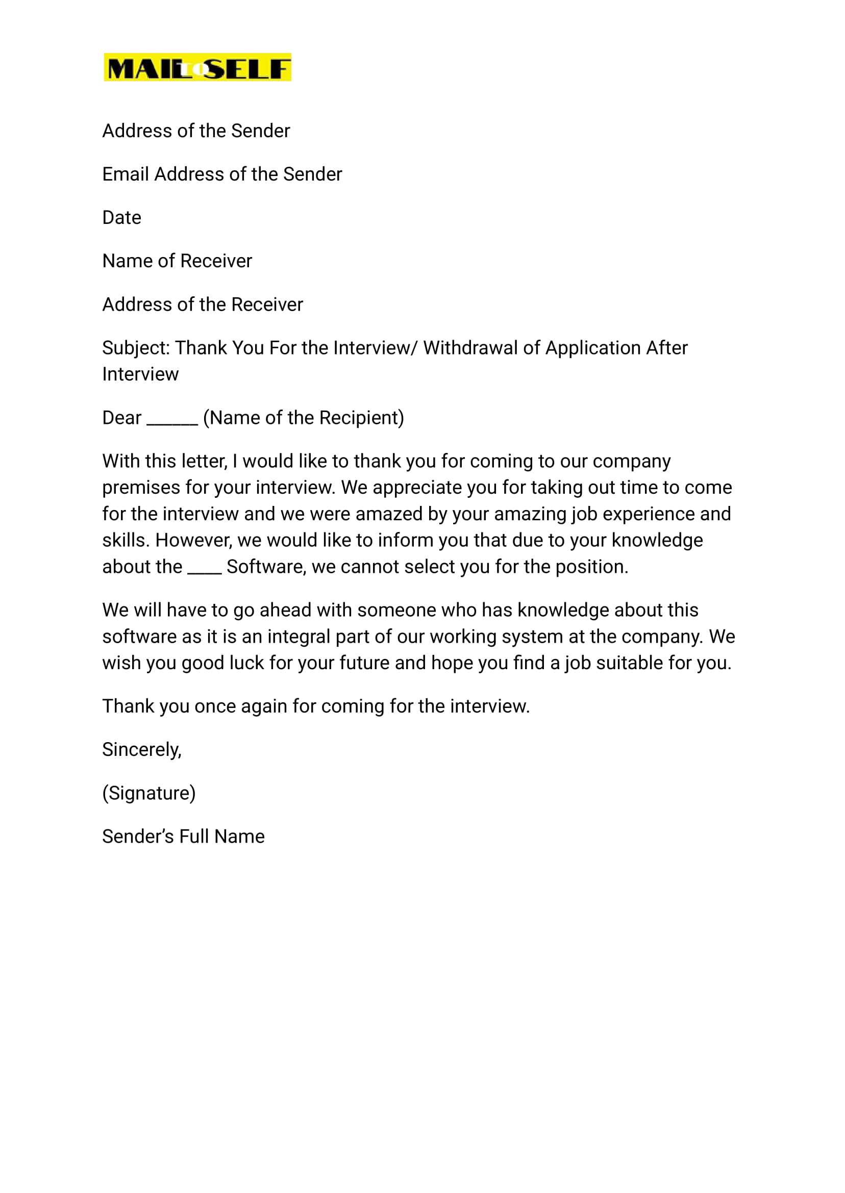 Thank You Letter After Interview But Not Interested How To, Templates & Examples Mail To Self