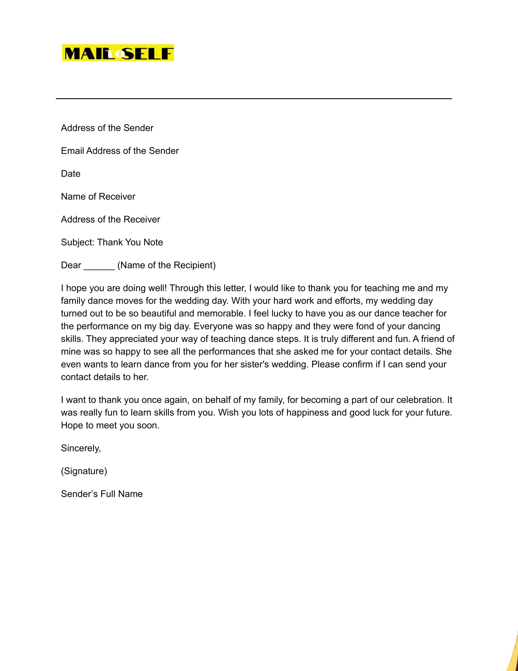 Thank You Note for Dance Teacher How To, Templates & Examples Mail