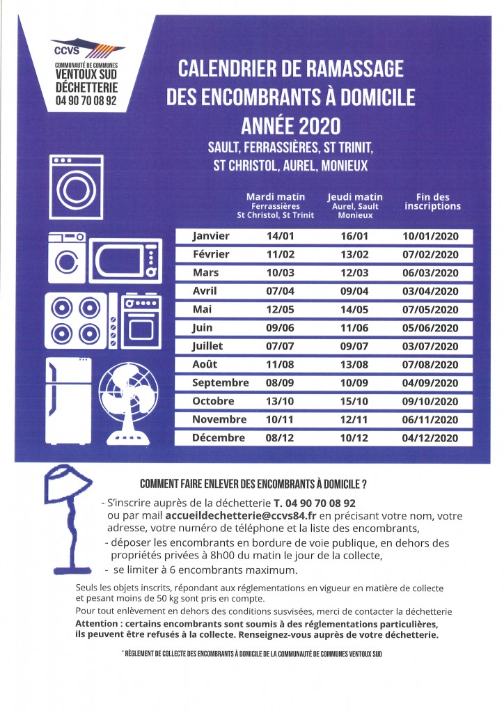 CALENDRIER DE RAMASSAGE DES A DOMICILE ANNEE 2020 Mairie