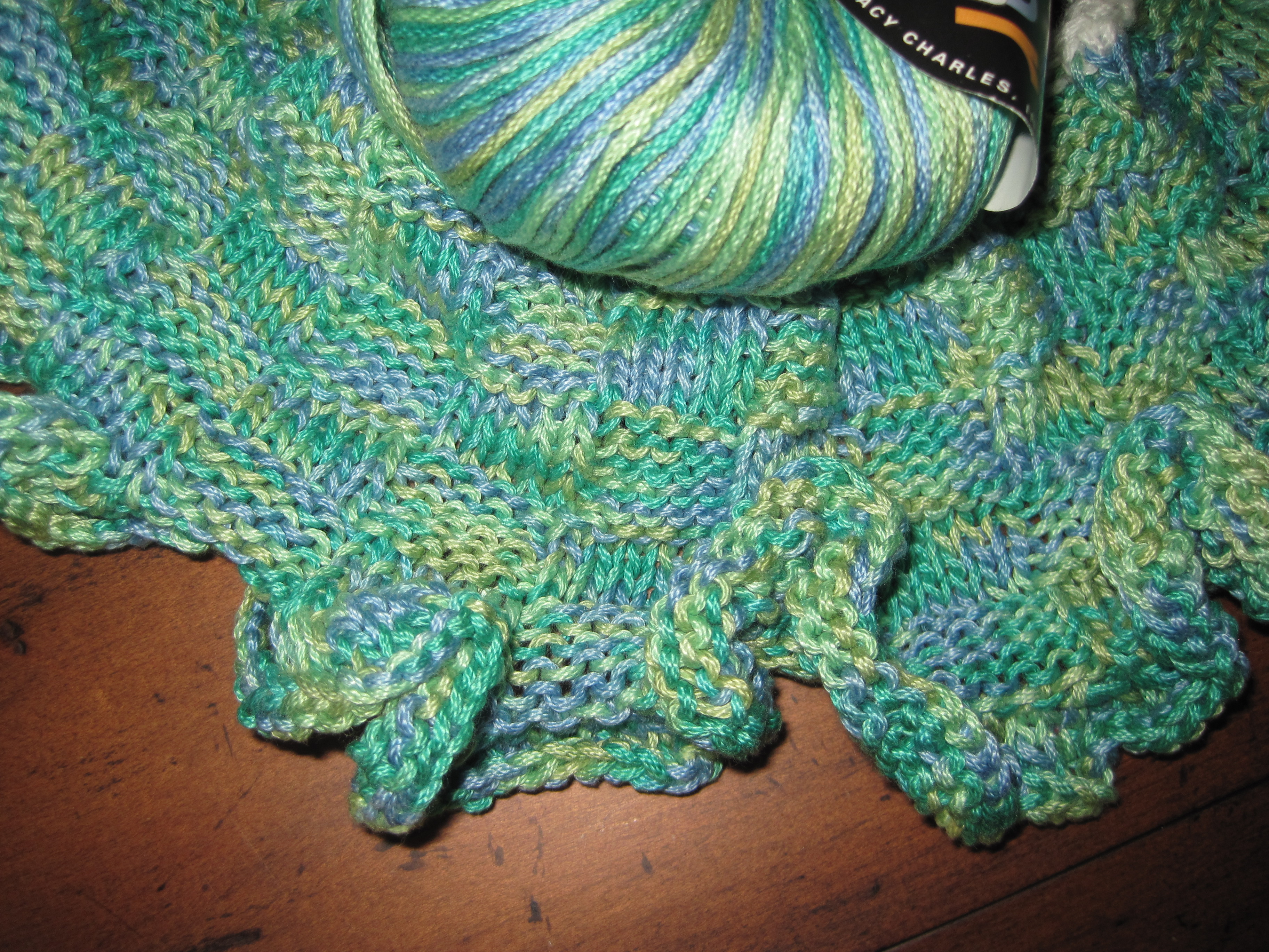 Another basketweave scarf, knit lengthwise with ruffled edges, in