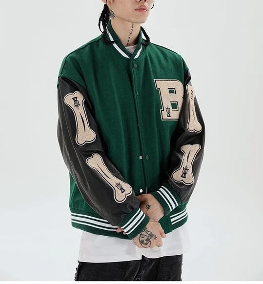 Green Skeleton Bone Patch Varsity Jacket Maker of Jacket