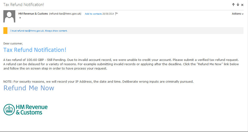 Fraudulent Refund Mail Targets UK Taxpayers Malwarebytes Labs