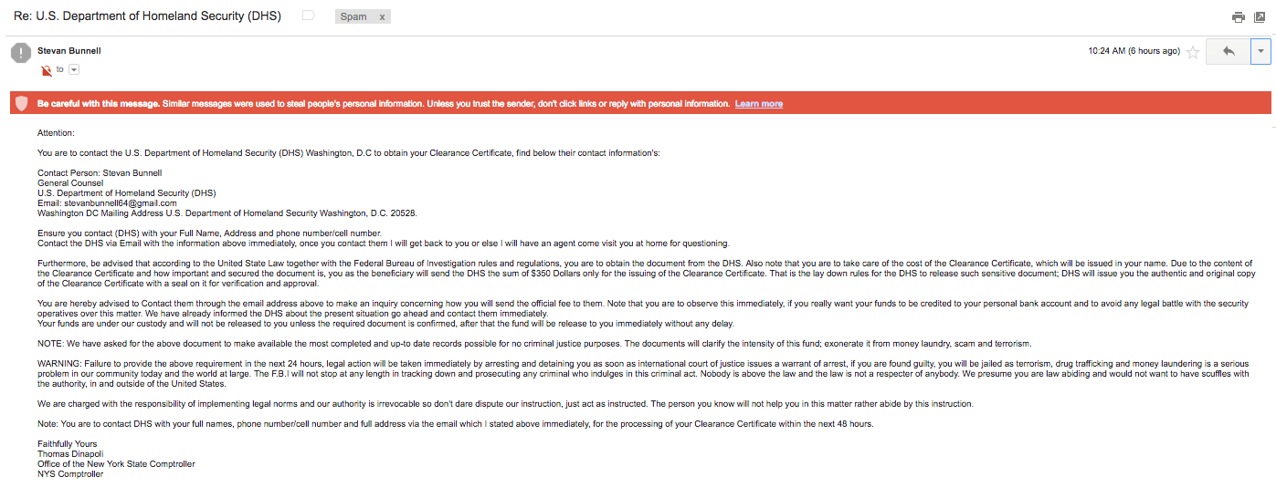 Fake DHS email "Give us 350 in the next 24 hours" Malwarebytes Labs