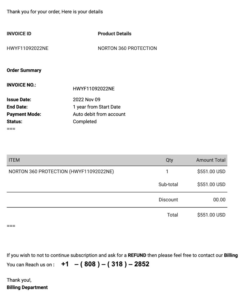 Norton 360 Protection Refund Email Scam MalwareFox