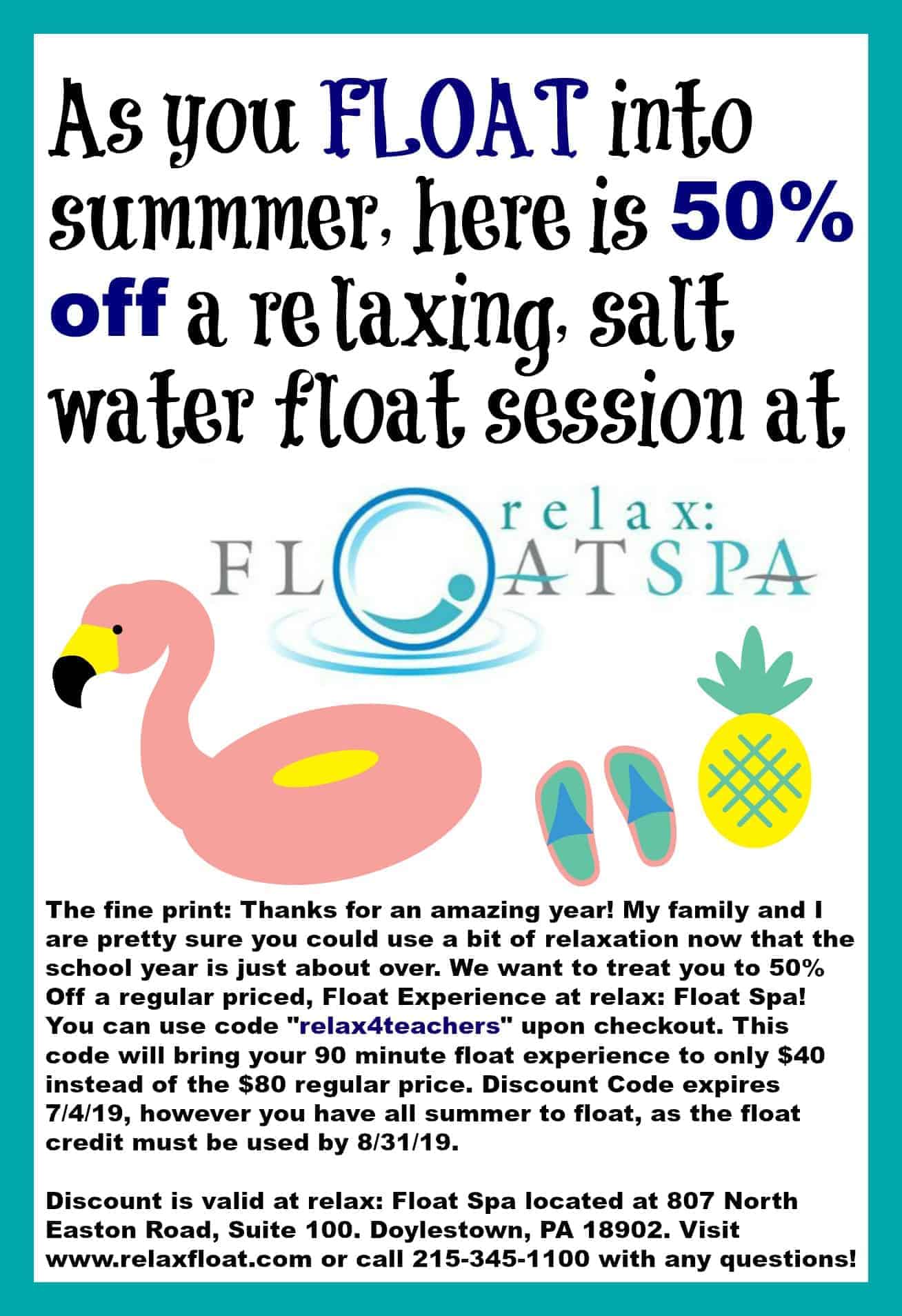 Teacher Discount from relax Float Spa (Doylestown, PA) Mama Cheaps®