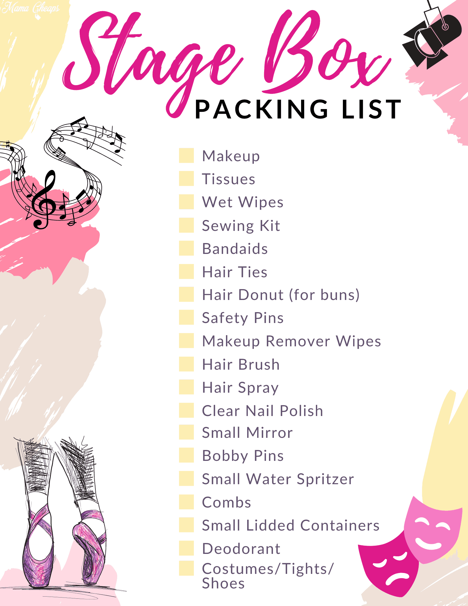 Dance Recital & Theatre Stage Box Printable Checklist Mama Cheaps®