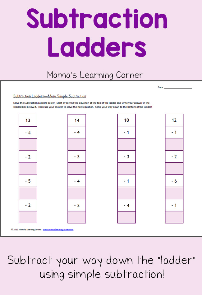 Subtraction Ladders More Simple Subtraction Worksheet Mamas Learning
