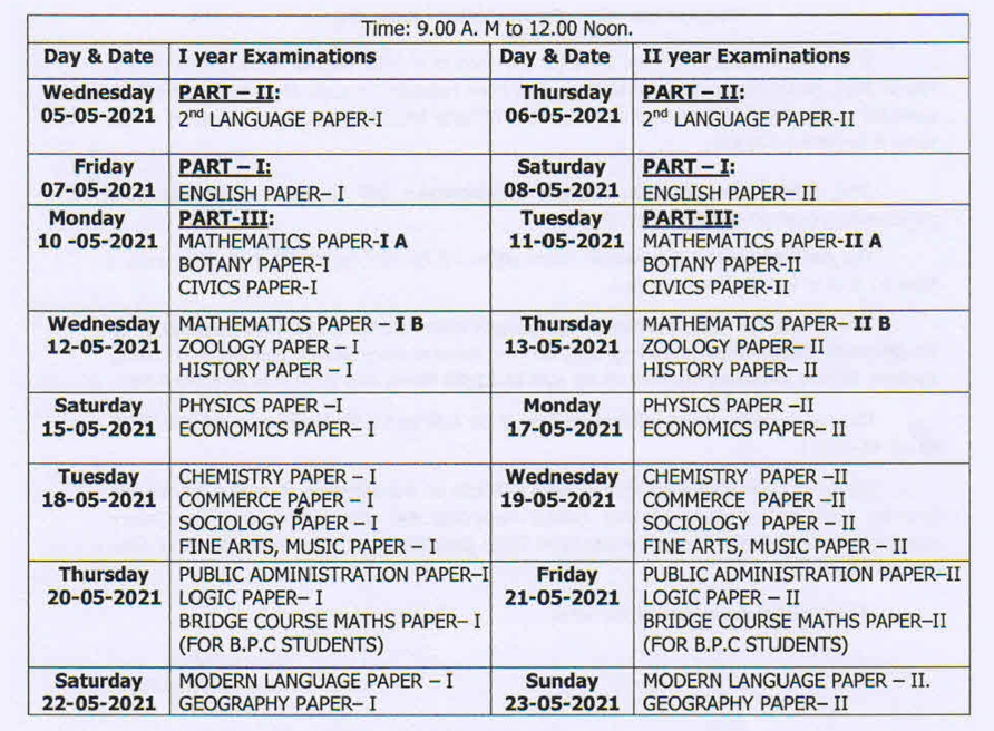 AP Inter Time table 2021. Intermediate 1st Year, 2nd Year Exam