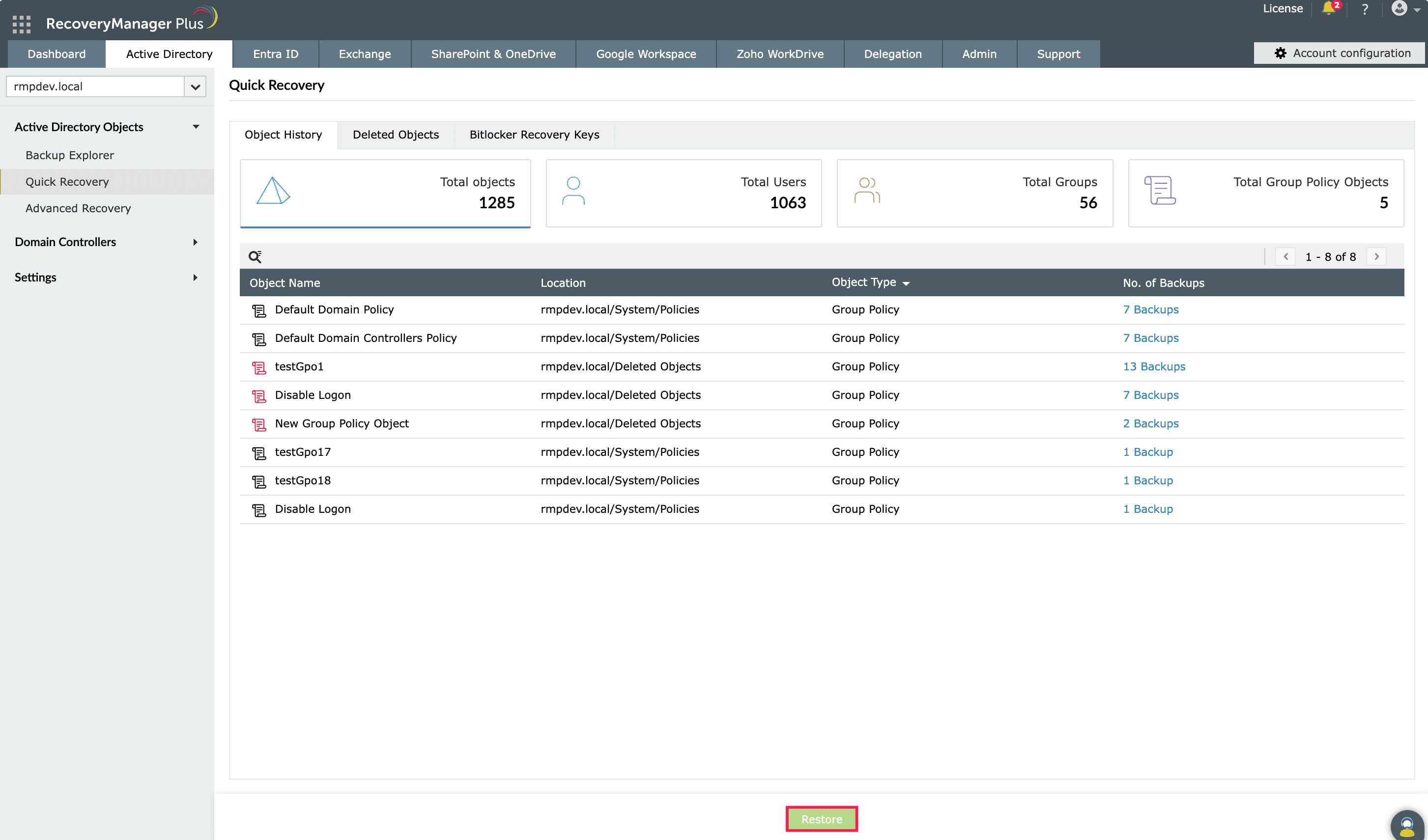 AD GPO Restoration with PowerShell ManageEngine