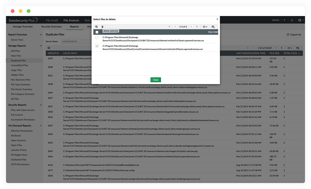 Windows file server analysis tool ManageEngine DataSecurity Plus