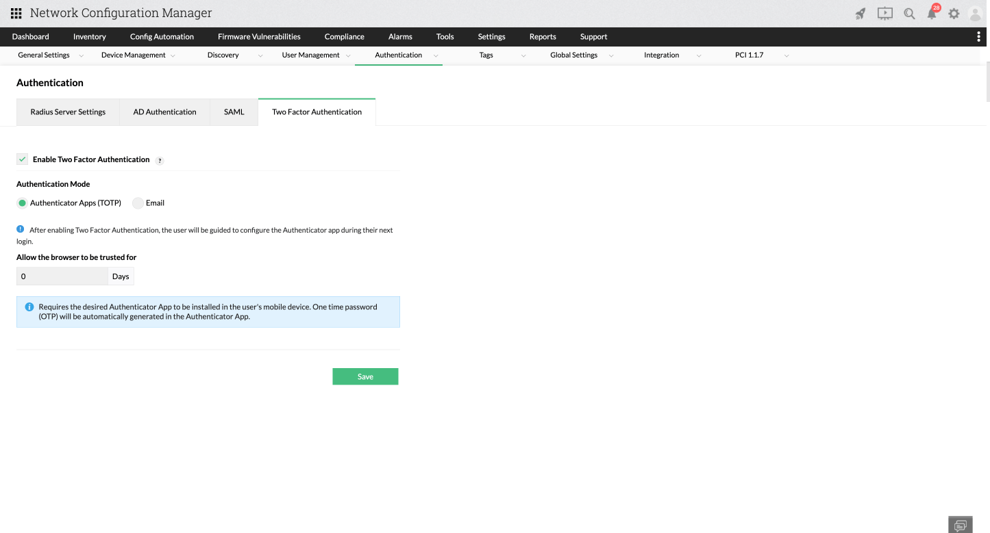 Two Factor Authentication (TFA) Network Configuration Manager