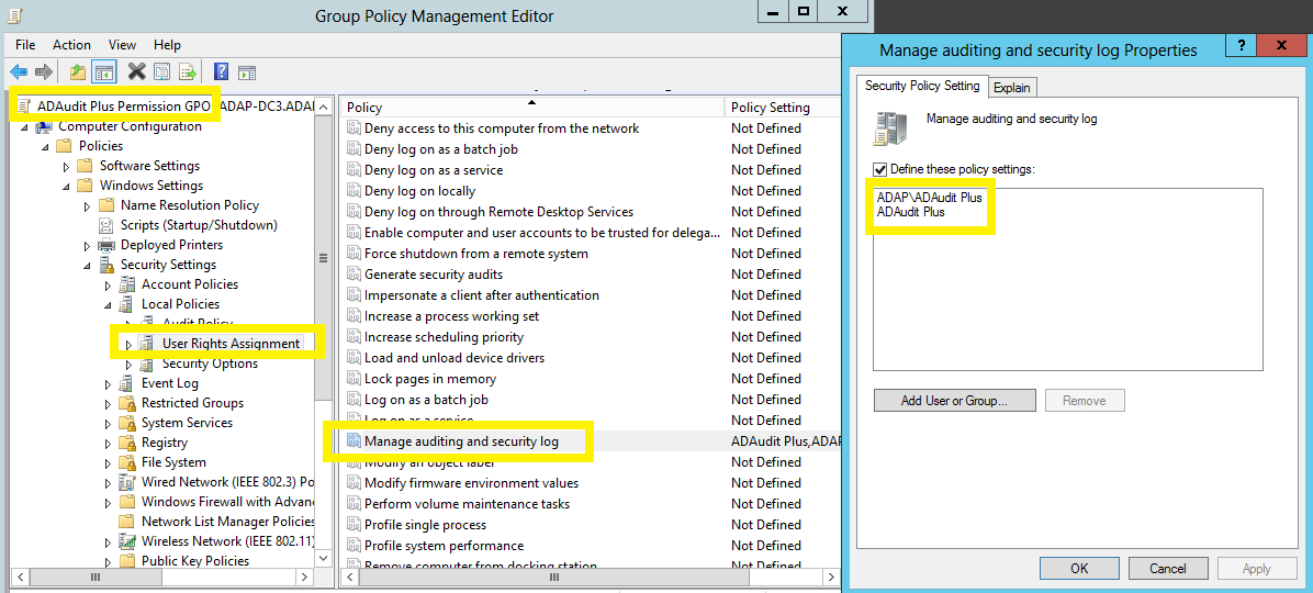 Privileges required for AD, Windows server and workstation audit