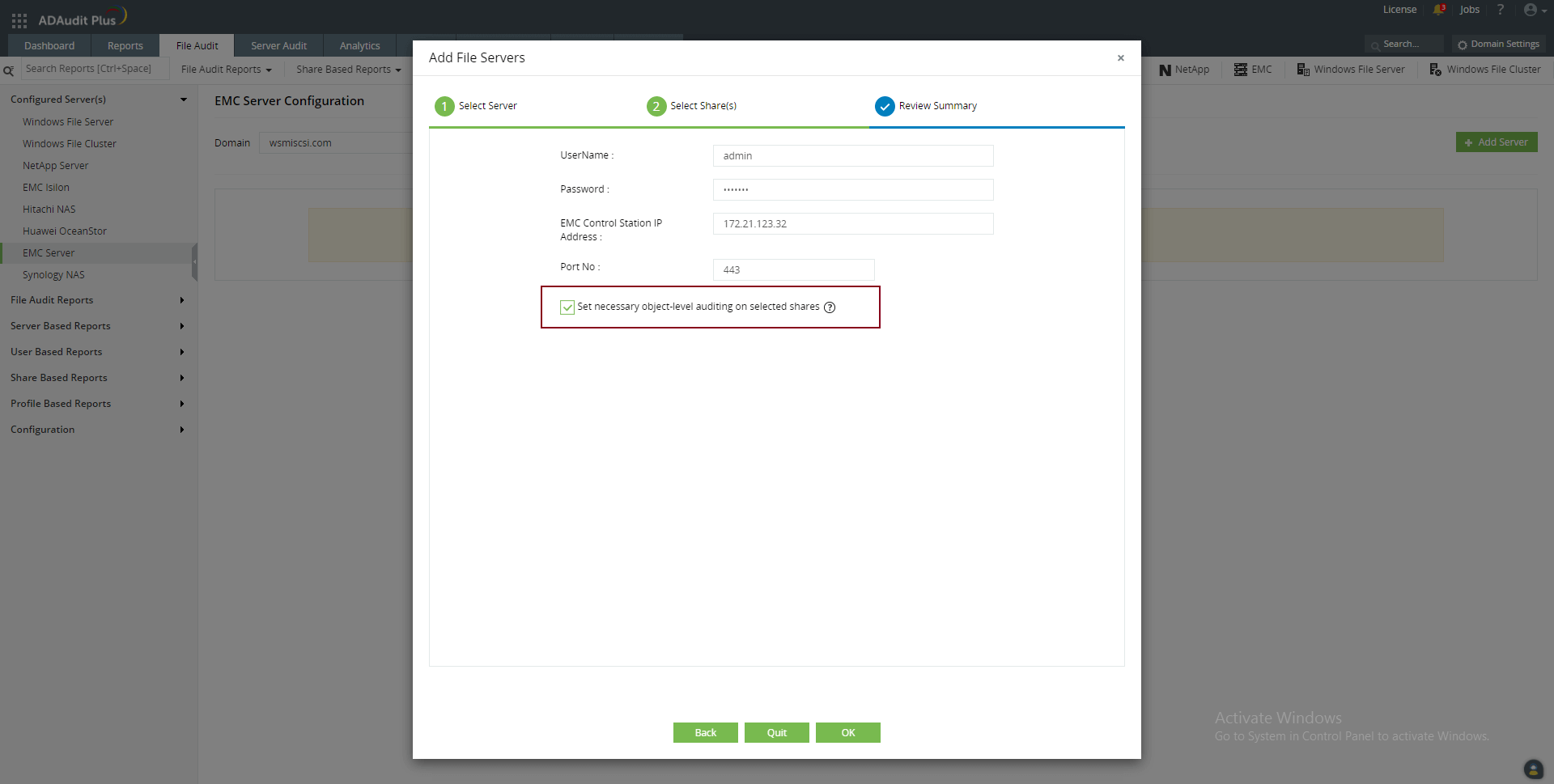 Automatic SACL configuration EMC server guide ManageEngine ADAudit Plus