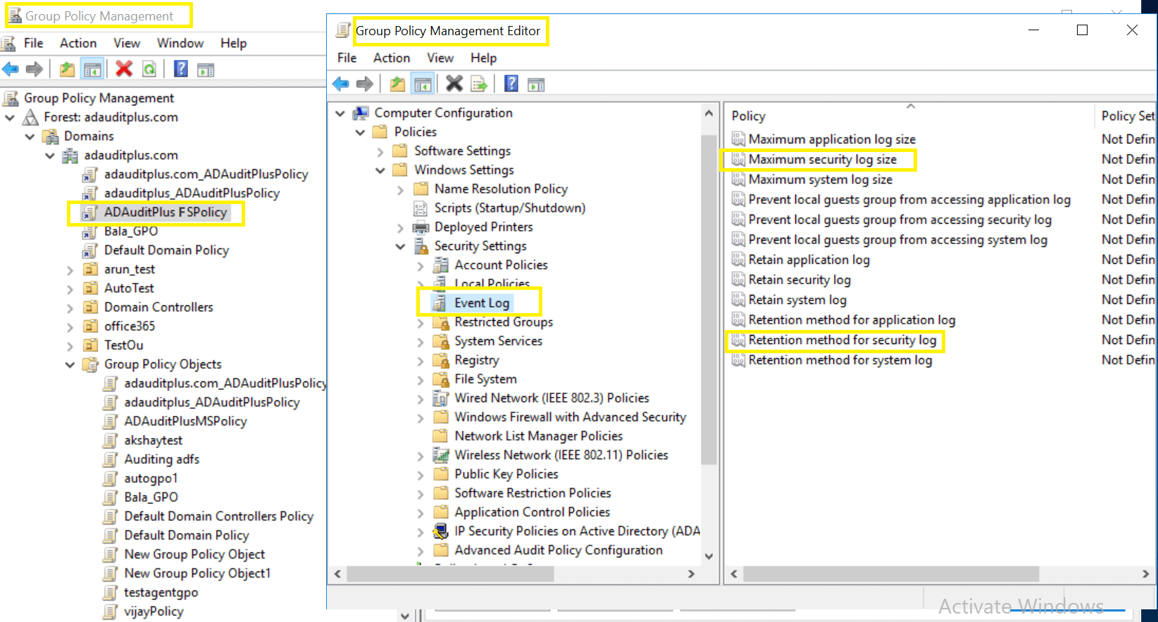Configure event log settings Windows file audit guide ADAudit Plus