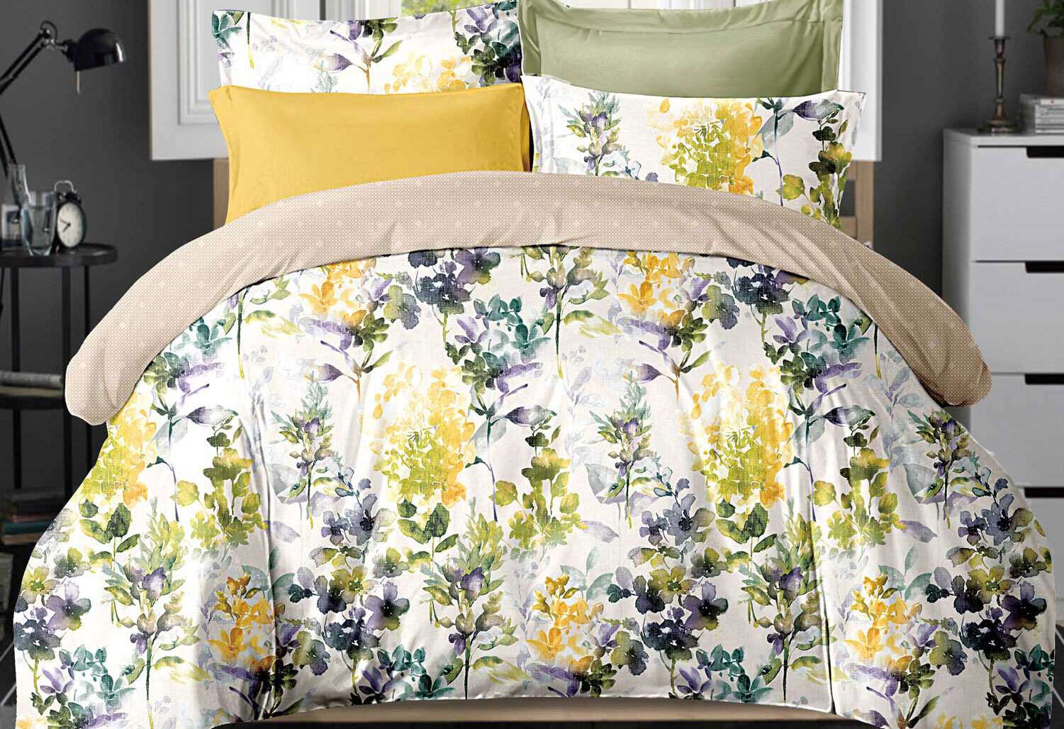 Fenna Yellow Sage Purple Leaf Floral Quilt Cover Set Manchester Direct