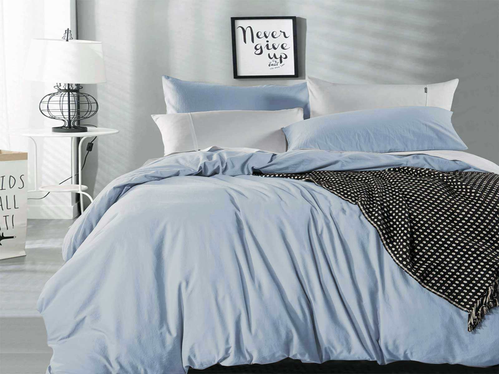 Pure Cotton Vintage Washed Quilt Cover Set (Blue Fog Color)