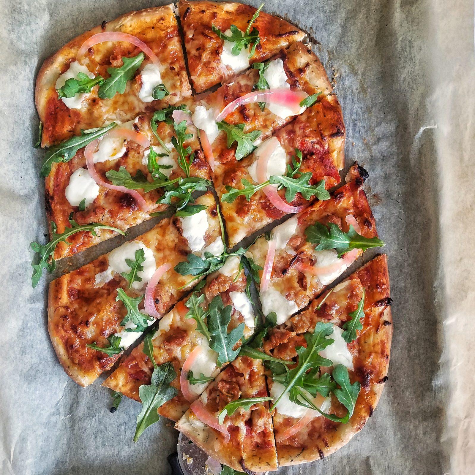 Gourmet Italian Sausage and Pepperoni Pizza with Arugula Mandy Olive