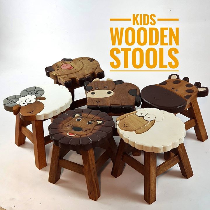 Kids Bedroom Hand Carved Animal Shaped Wooden Stool Dog